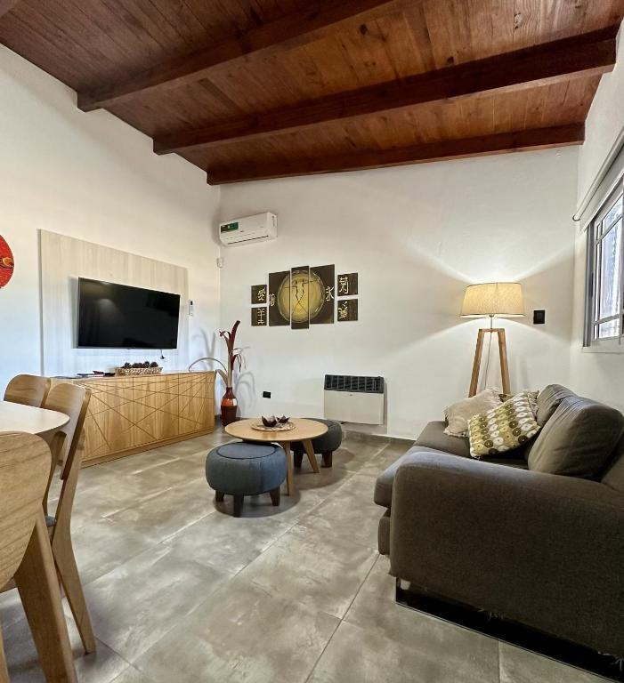 Living con sillón, televisor y techo de madera a dos aguas